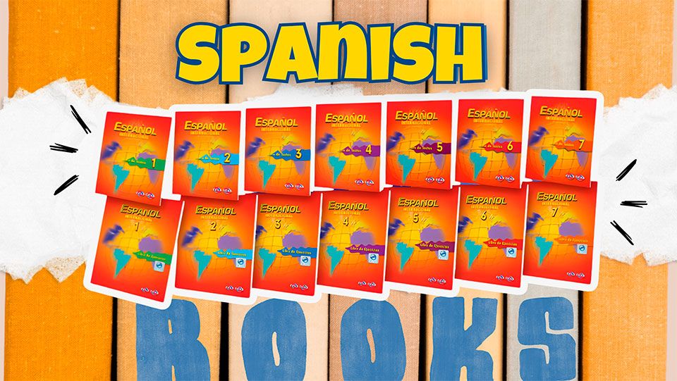 Spanish books. Image description: several red and orange spanish book covers, with a deep blue background.